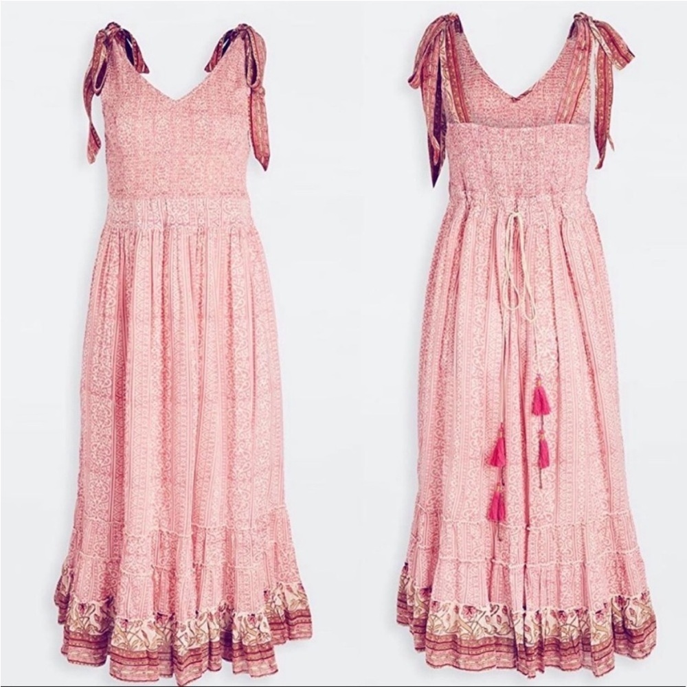 Alicia Bell Tie-Shoulder Smocked Midi Dress in Blush Pink